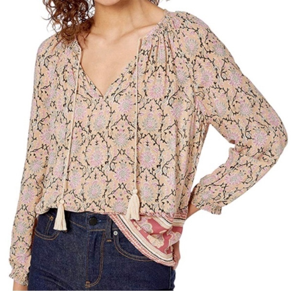 Lucky Brand Paisley Peasant Top Tassel Tie Boho Pink Size Small